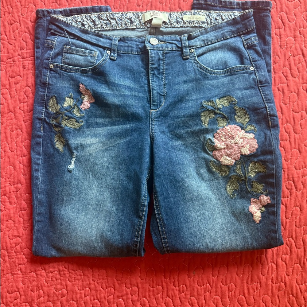 Vintage America Blue and Pink Boyfriend Jeans with Floral Embroidery